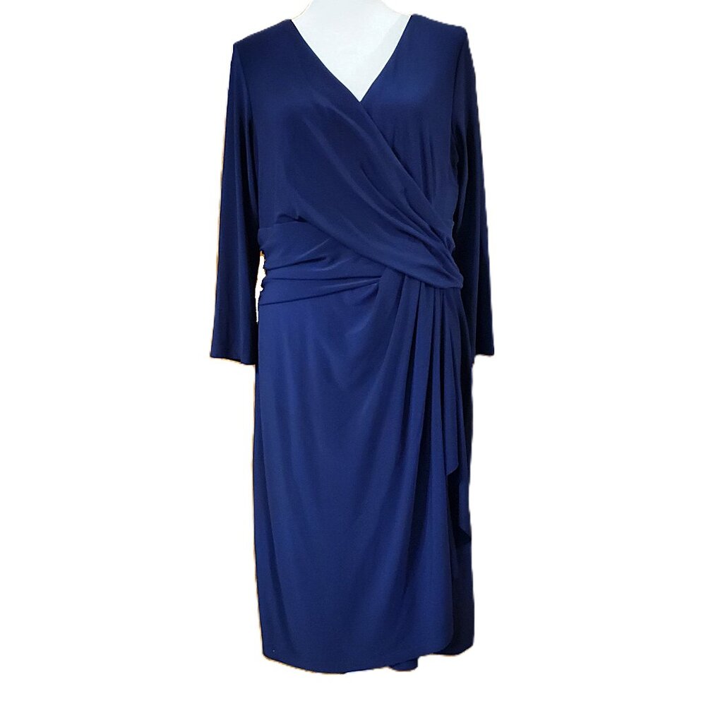 Chaps Ralph Lauren Navy Blue Faux Wrap Jersey Knit Dress Women's Size XL Career